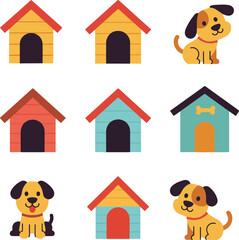 Set of Various Dog Houses in Cartoon and Flat Styles.

