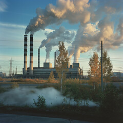 Power plant with smoking chimneys and autumn trees at sunset