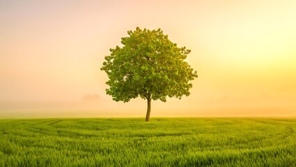 Fototapeta premium Lone tree in green field at sunrise