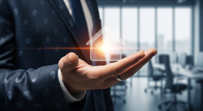 Businessman holding a glowing house icon with wifi symbol in modern office