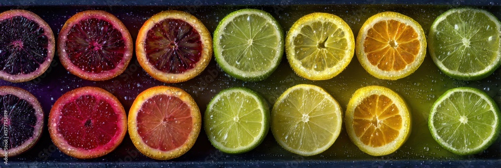 Aufkleber color-matching arrangement of sliced fruits showcasing a gradient of hues with a top third exposed i