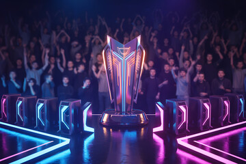 Futuristic Esports Championship Stage with Trophy and Gaming PCs in Neon Arena