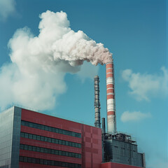 Red industrial building with smoking chimneys under clear blue sky