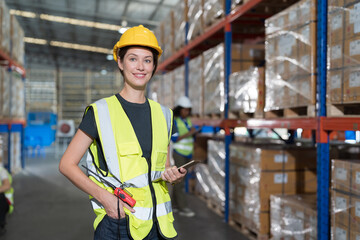 Portrait of female warehouse worker working, inspection, inventory and checking stock on shelf pallet, distribution and logistics in warehouse