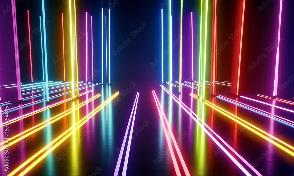 Poster abstract background with colorful laser lines and stripes, a 3d rendering illustration of digital ar
