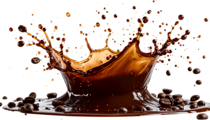 Coffee Crown: A stunning splash of rich, dark coffee forms a captivating crown shape, accented by scattered coffee beans, creating a visually arresting and aromatic experience.