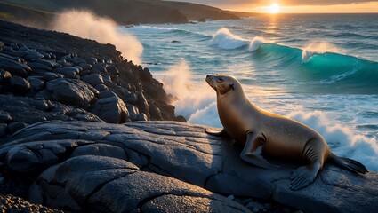 Seal rests on rocks by ocean at sunset