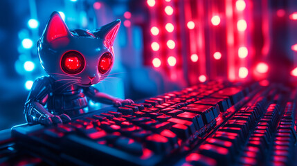 Cyberpunk vibe: robotic cat on a neon-lit keyboard, red LED eyes glowing behind translucent curtain