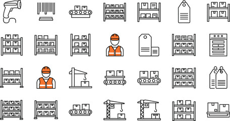 Warehouse operations equipment line icon set. Vector pictograms of barcode scanner, racking, shelving, conveyor, worker in safety vest, crane, label, thin