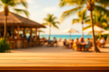 Relaxing blurred beach bar scene framed by palm leaves for tropical vacation promotion and travel inspiration
