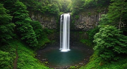 Beautiful tall waterfall in green forest setting