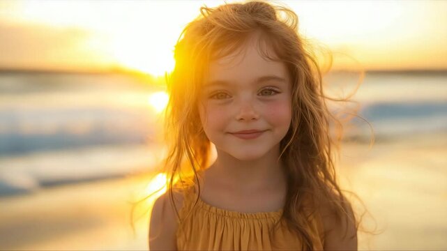 Closeup of smiling little girl with windblown hair on beach during golden sunset. Warm light and natural expression. Joyful, serene and beautiful childhood moment.