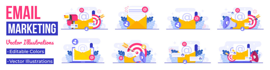 Set of email marketing campaign flat illustrations, Online business strategy, Advertising, Email newsletter, messaging, Marketing concept for landing page, web banner, social media, infographic