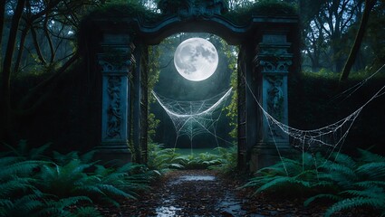 Moon over Ancient Stone Gate in Dark Forest with Spiderwebs