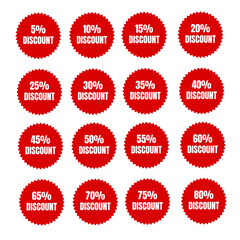 Discount Percentage Badges: 5-80% Off Vector Set