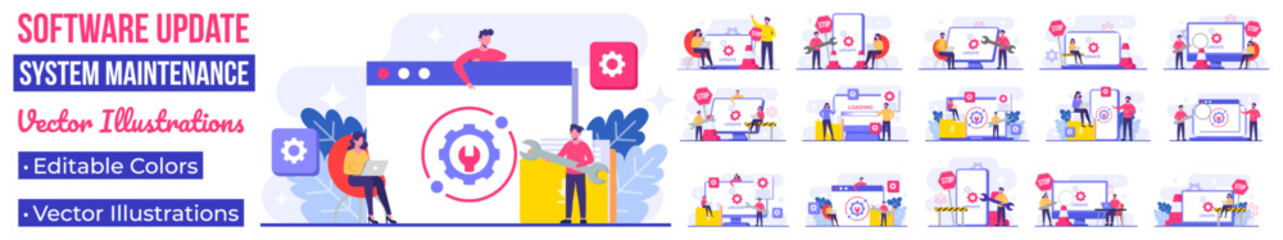 System maintenance, Error, Fixing trouble, Device updating, Software system under maintenance vector illustration, Software upgrade process on devices, System update, People update operation system