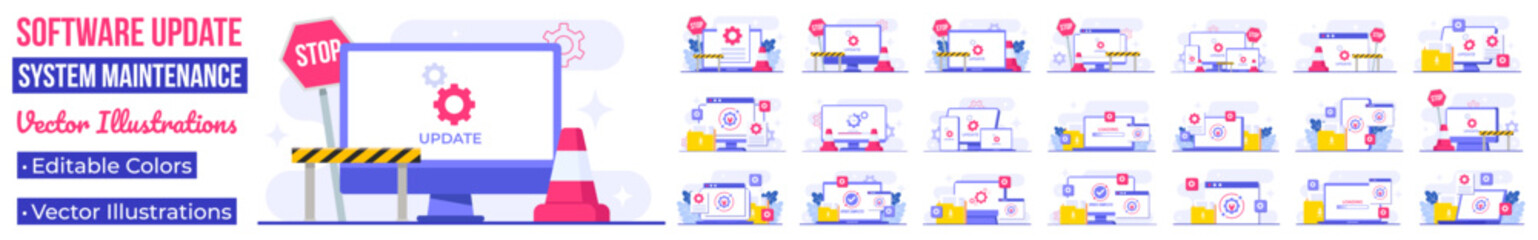 System maintenance, Error, Fixing trouble, Device updating, Software system under maintenance vector illustration, Software upgrade process on devices, System update, People update operation system