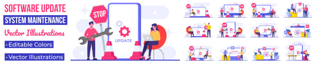System maintenance, Error, Fixing trouble, Device updating, Software system under maintenance vector illustration, Software upgrade process on devices, System update, People update operation system