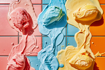 Melting Ice Cream Scoops on Colorful Tiles