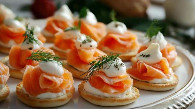 Close-up of smoked salmon canapes with cream topping and fresh dill on toasted bases arranged on ornate silver tray. Sophisticated and tasty starter. Perfect for events.