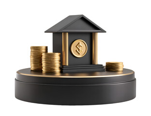 Bank Building Icon With Golden Coins On A Black Stage Concept