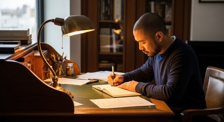 Man is writing in a notebook in study room at a desk with lamp and bookcase for business or educational pursuits