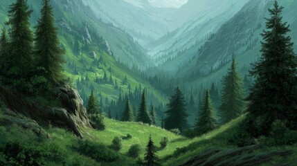 Lush Green Forest and Mountain Landscape Digital Art.