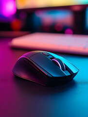 Black wireless computer mouse on an office desk, a essential technology device for work and internet communication