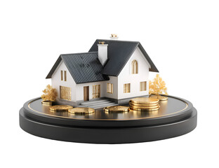 Real Estate Investment Concept With House Model And Gold Coins On Pedestal