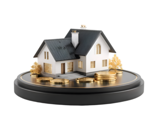 Real Estate Investment Concept With House Model And Gold Coins On Pedestal