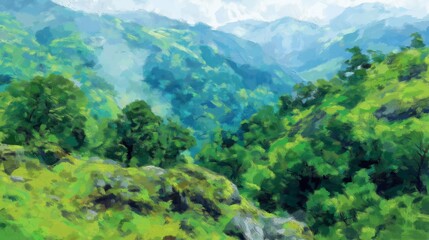 Lush Green Forest and Mountain Landscape Digital Art.