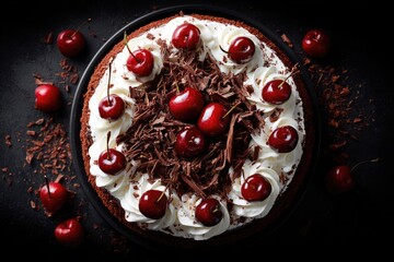 Delicious chocolate cake topped with cherries and whipped cream.