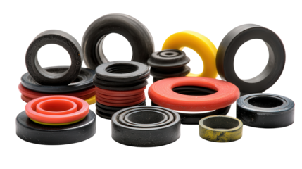 Mixed rubber seals and gaskets for recycling background isolated on a Transparent background, PNG file.