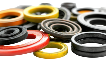 Mixed rubber seals and gaskets for recycling background isolated on a Transparent background, PNG file.