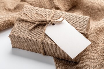Rustic Burlap Gift Box with Blank Tag.