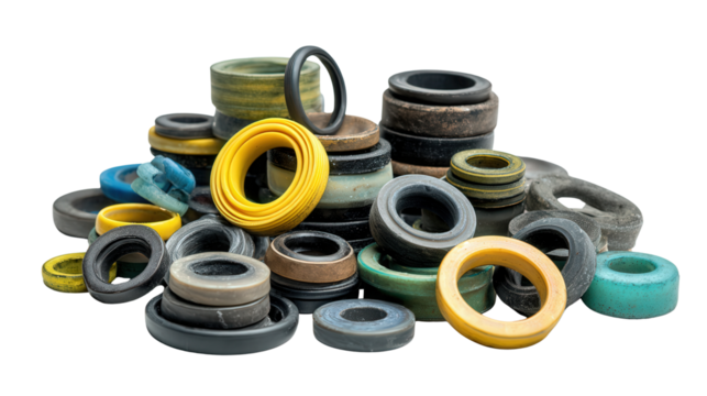 Mixed rubber seals and gaskets for recycling background isolated on a Transparent background, PNG file.