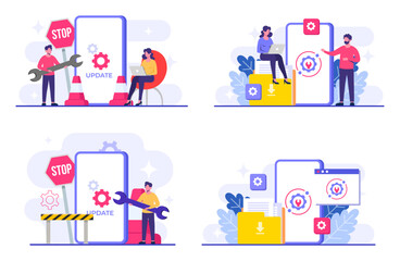 System maintenance, Error, Fixing trouble, Device updating, Software system under maintenance vector illustration, Software upgrade process on devices, System update, People update operation system