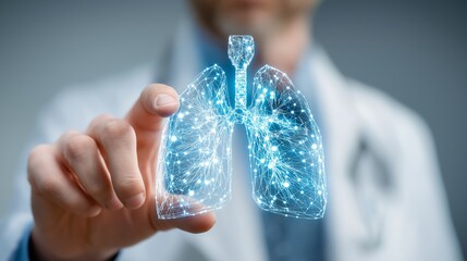 Male Doctor Using Holographic Lung Diagnostic Screen.
