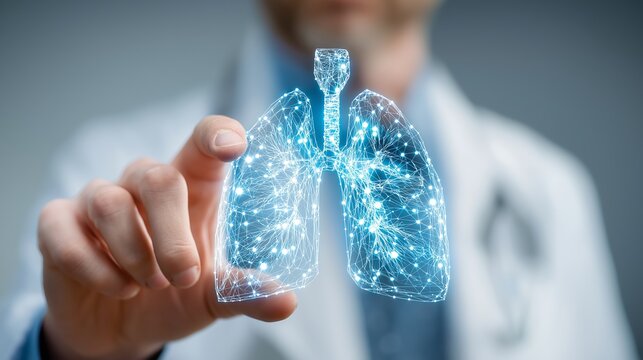 Male Doctor Using Holographic Lung Diagnostic Screen. - Powered by Adobe