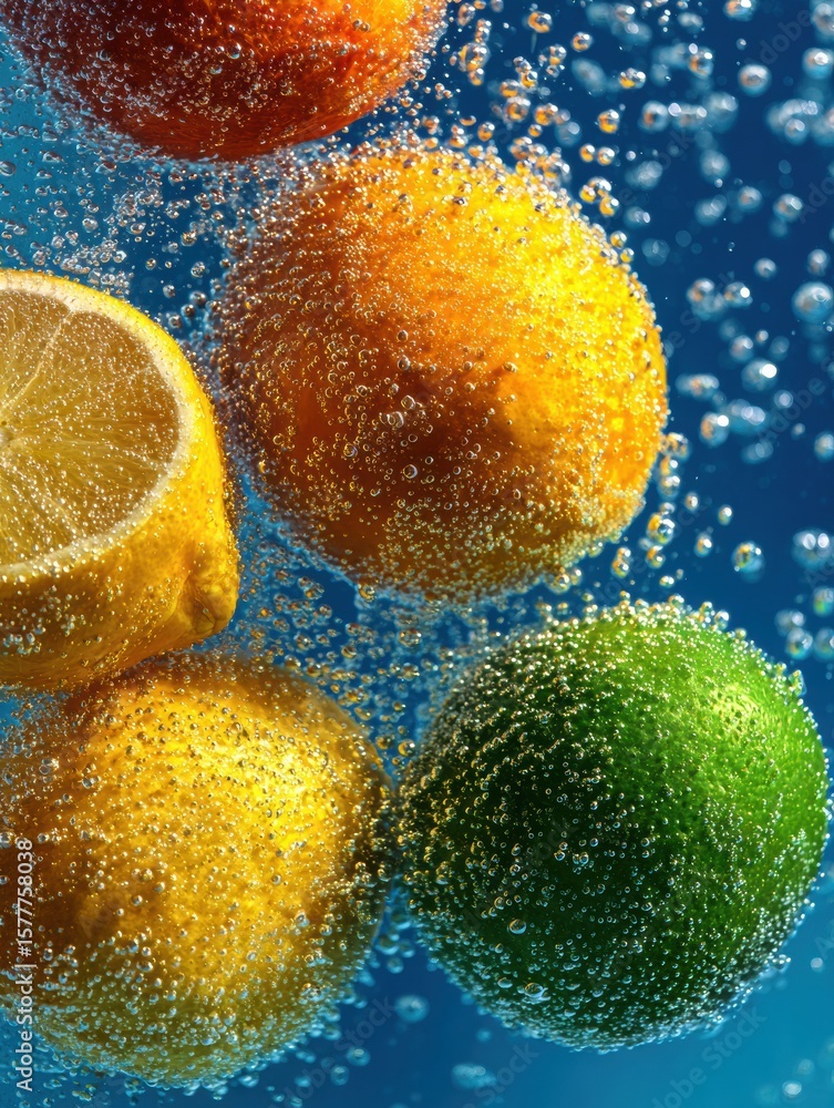 Poster fresh citrus mix floating in fizzy soda bubbles with a clean background design