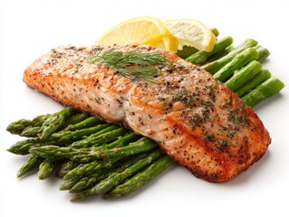 Grilled salmon fillet with roasted asparagus and lemon