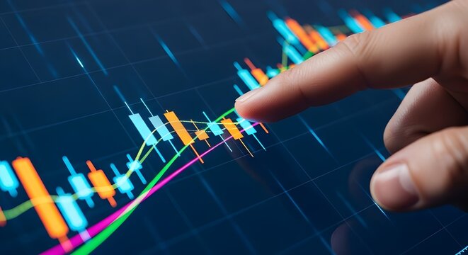 Close up of a finger touching a glowing stock market candlestick chart on a dark blue digital screen
