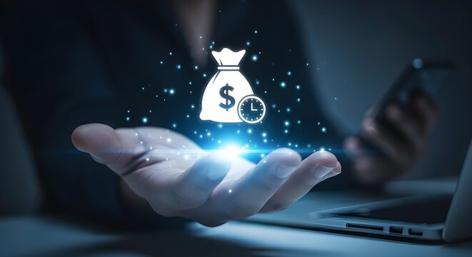 Person holding a glowing money bag icon with a clock symbolizing financial success and time management - Powered by Adobe