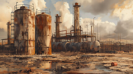 Rusty abandoned industrial facility with storage tanks and pollution