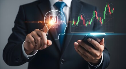 Businessman using artificial intelligence and mobile phone to analyze stock market trading data with financial charts