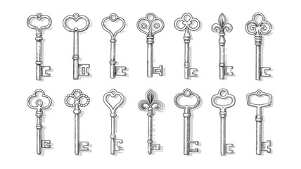 Twelve Vintage Keys on White Background, Ornate Designs, Intricate Details, Shadow