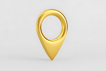 Golden location pin icon, 3D render, isolated on white. Elegant 3D render of a golden location pin icon on a clean white background. Perfect for luxury branding, premium map services