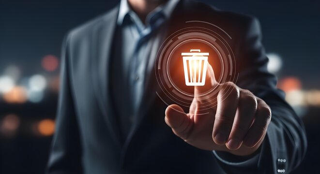 Businessman s finger touching a glowing digital trash can icon on a futuristic interface