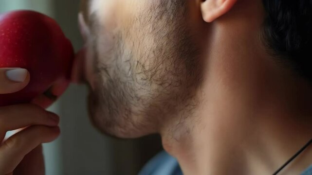 Macro shot of man neck showing Adams apple movement while swallowing with detailed skin texture

