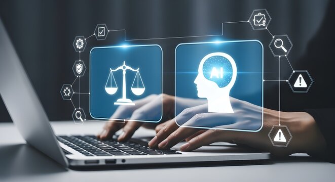 Person using a laptop with digital interface showing ai and scales of justice icons connected to various symbols